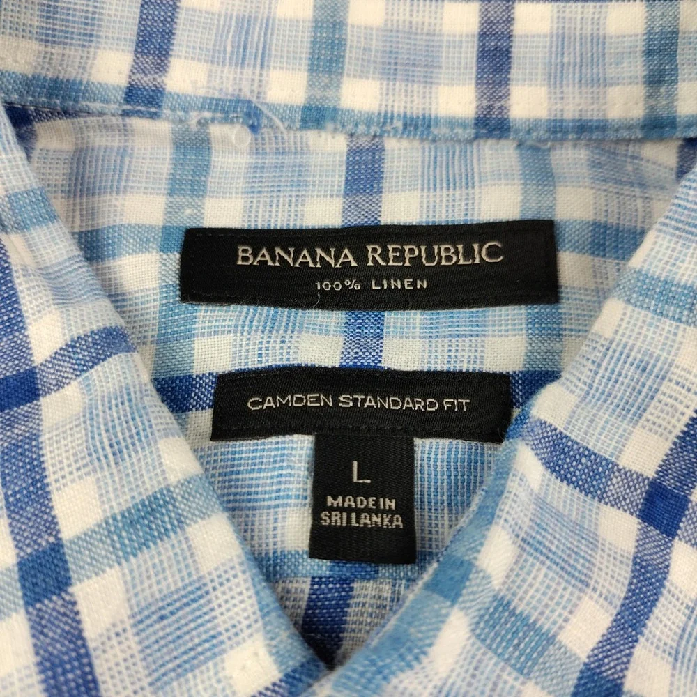 Banana Republic Linen Shirt Mens Blue White Plaid Camden Standard Fit Large